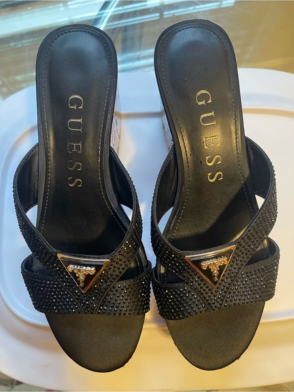 GUESS Black Embellished Slide Mules with Gold Logo Accent